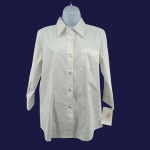 Edward Crisp White Button Down Shirt Womens Size M 3/4 Stretch Sleeve Minimalist